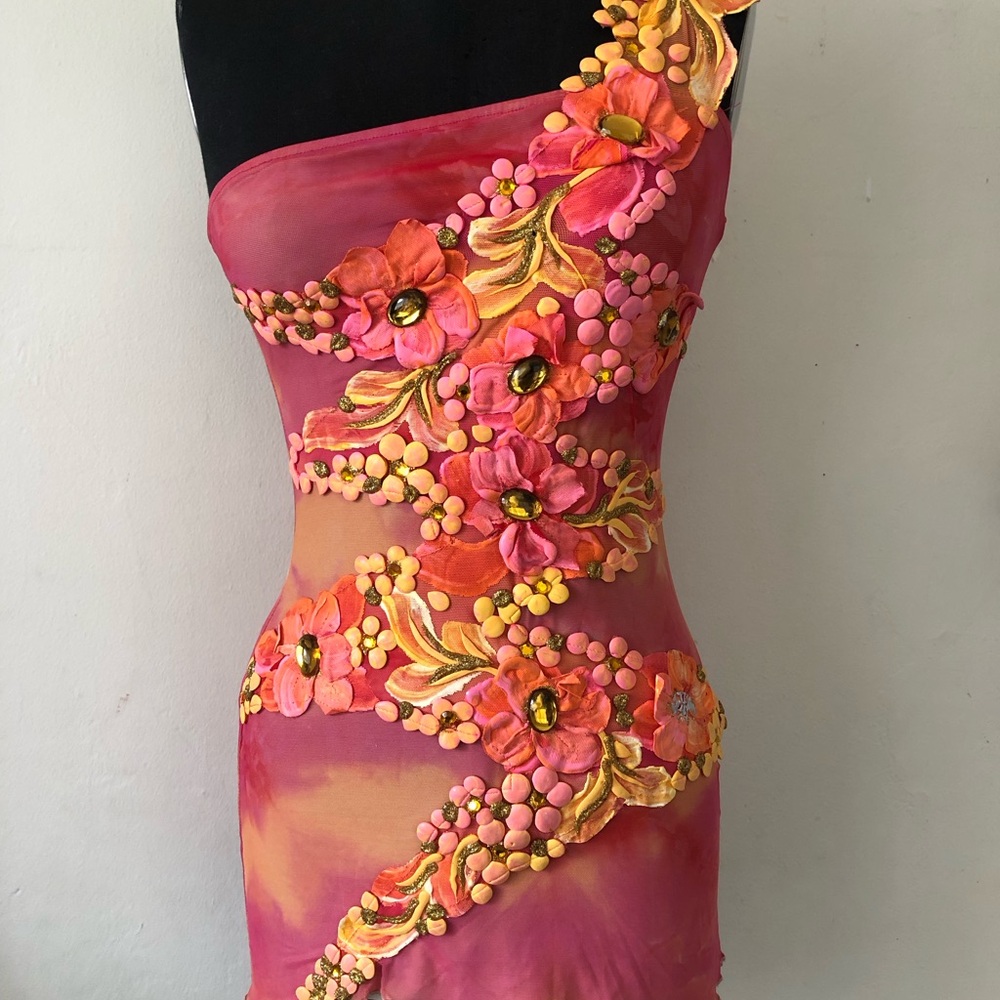 Vintage Y2K Ema Savahl Art Pink and Orange  One Shoulder Dress